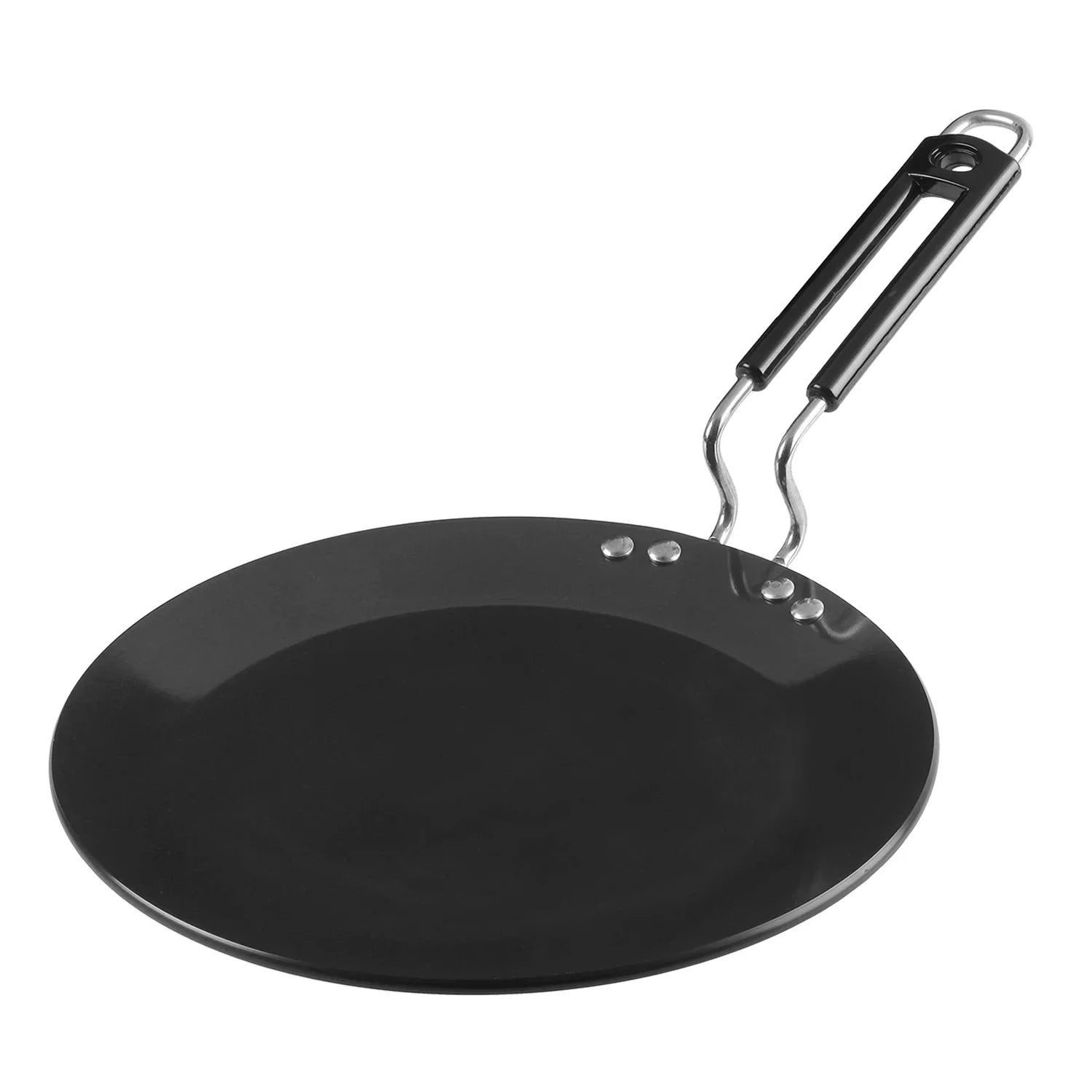 Vinod Hard Anodised Flat Tawa 25cm with stay-cool handle showing matte black scratch-resistant surface and professional construction