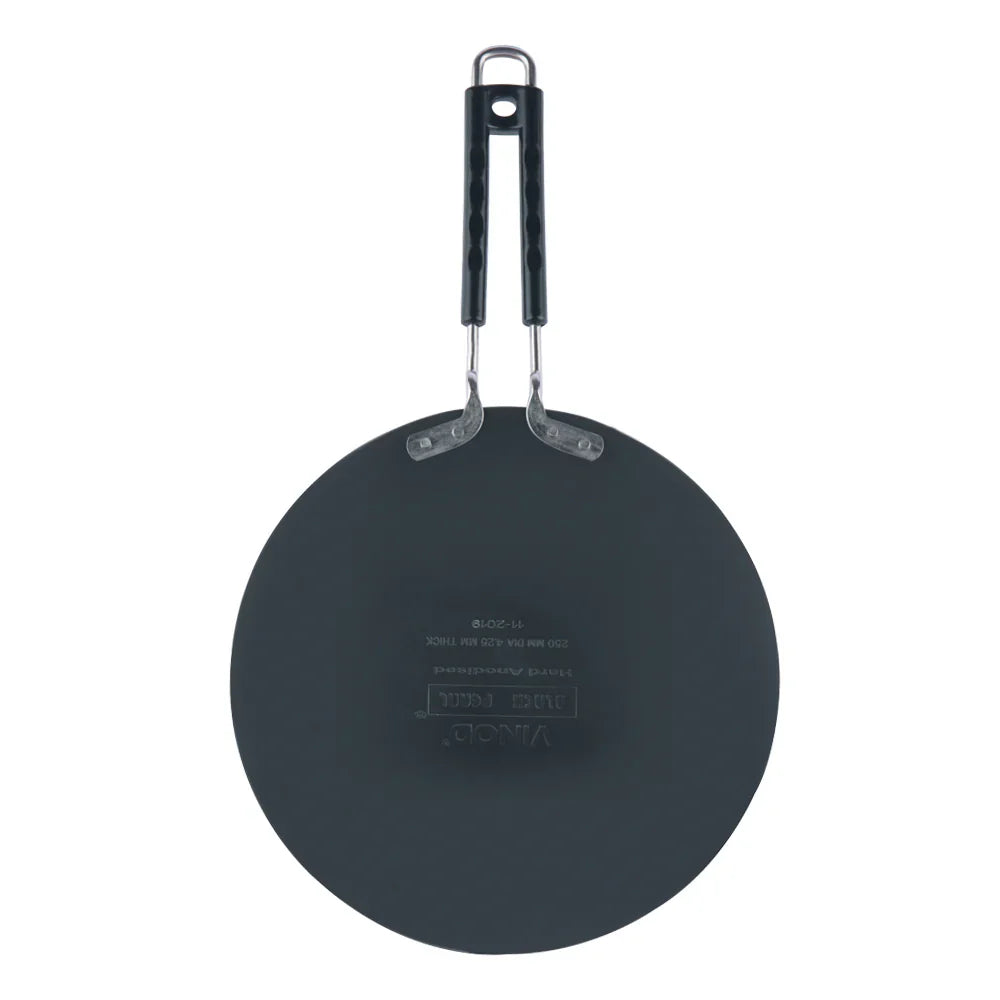 Bottom view of Vinod Hard Anodised Flat Tawa showing induction-compatible base with virgin aluminium construction and brand markings
