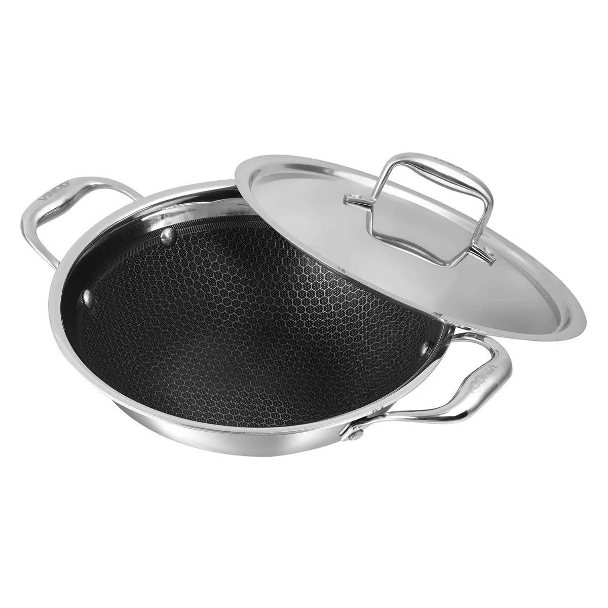The Vinod Platinum Pro non-stick kadai, ready for healthy, low-oil cooking thanks to its unique honeycomb texture and durable, easy-to-clean stainless steel construction
