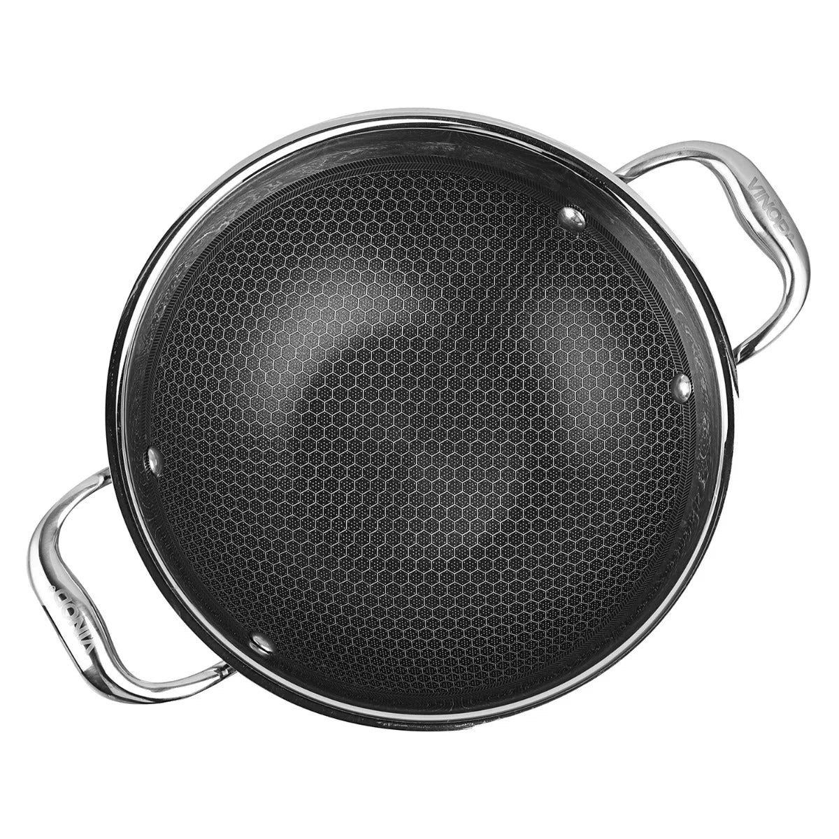 Experience superior, even cooking with the Vinod Platinum Pro Kadai, featuring a full honeycomb non-stick interior designed for effortless food release and quick cleanup