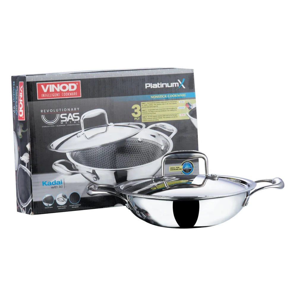 The Vinod PlatinumX Triply SAS Kadai with its retail box, showcasing the revolutionary 3-ply non-stick technology and induction-ready features for modern kitchens