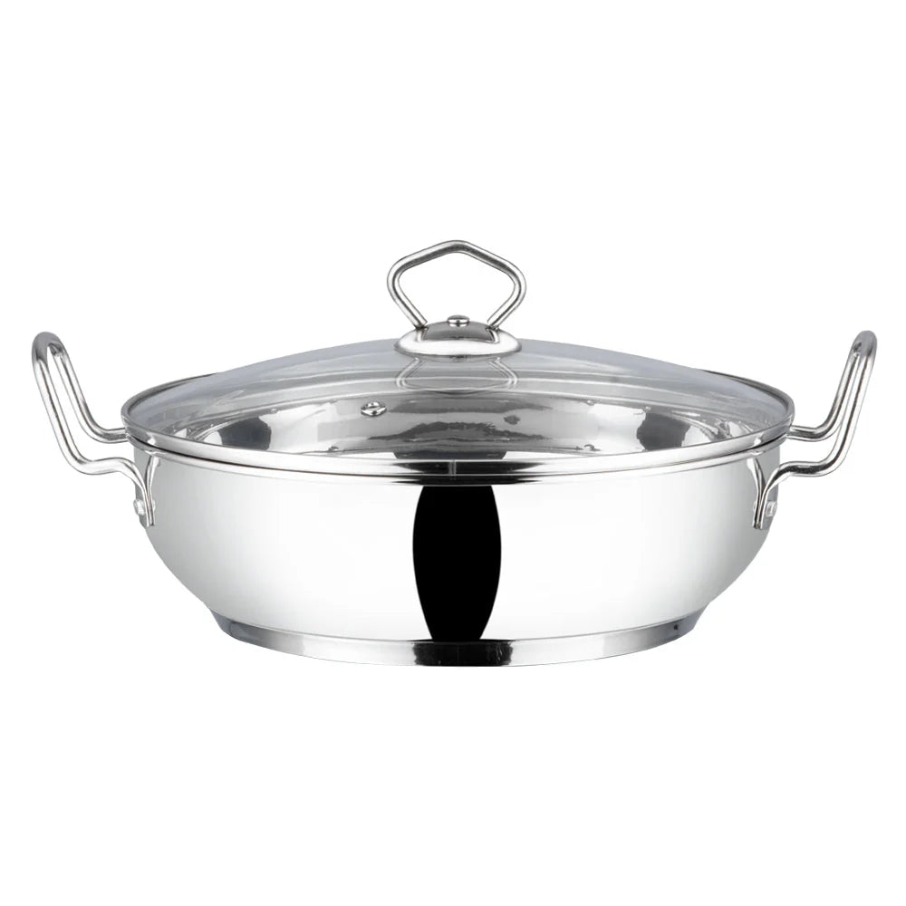Vinod premium stainless steel kadai with toughened glass lid featuring steam vent, riveted handles, and polished mirror finish for professional cooking